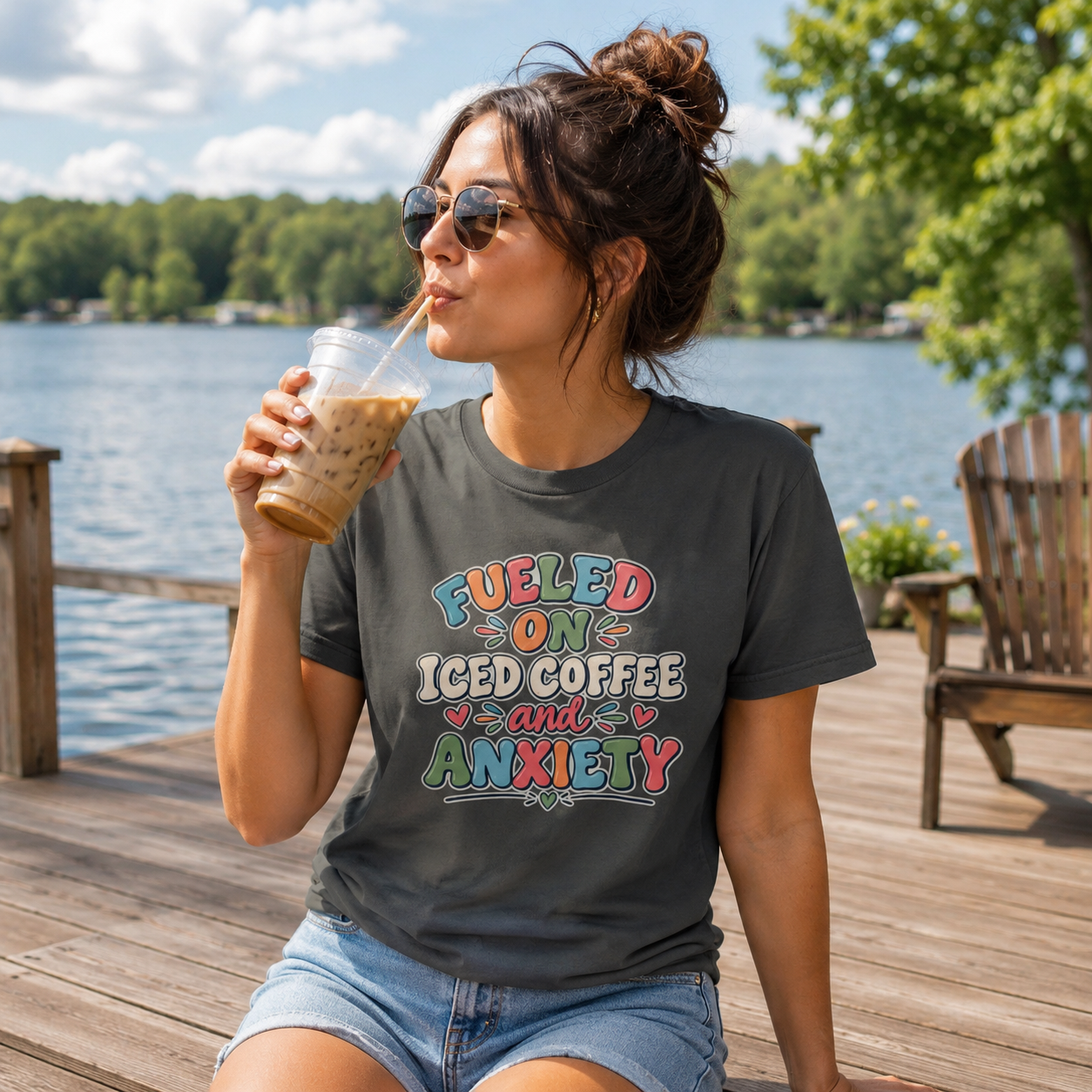 Fueled On Iced Coffee And Anxiety Boxy Tee, Women's Cute Retro Lettering Shirt, Funny Mental Health T-Shirt, Trendy Coffee Lover Gift