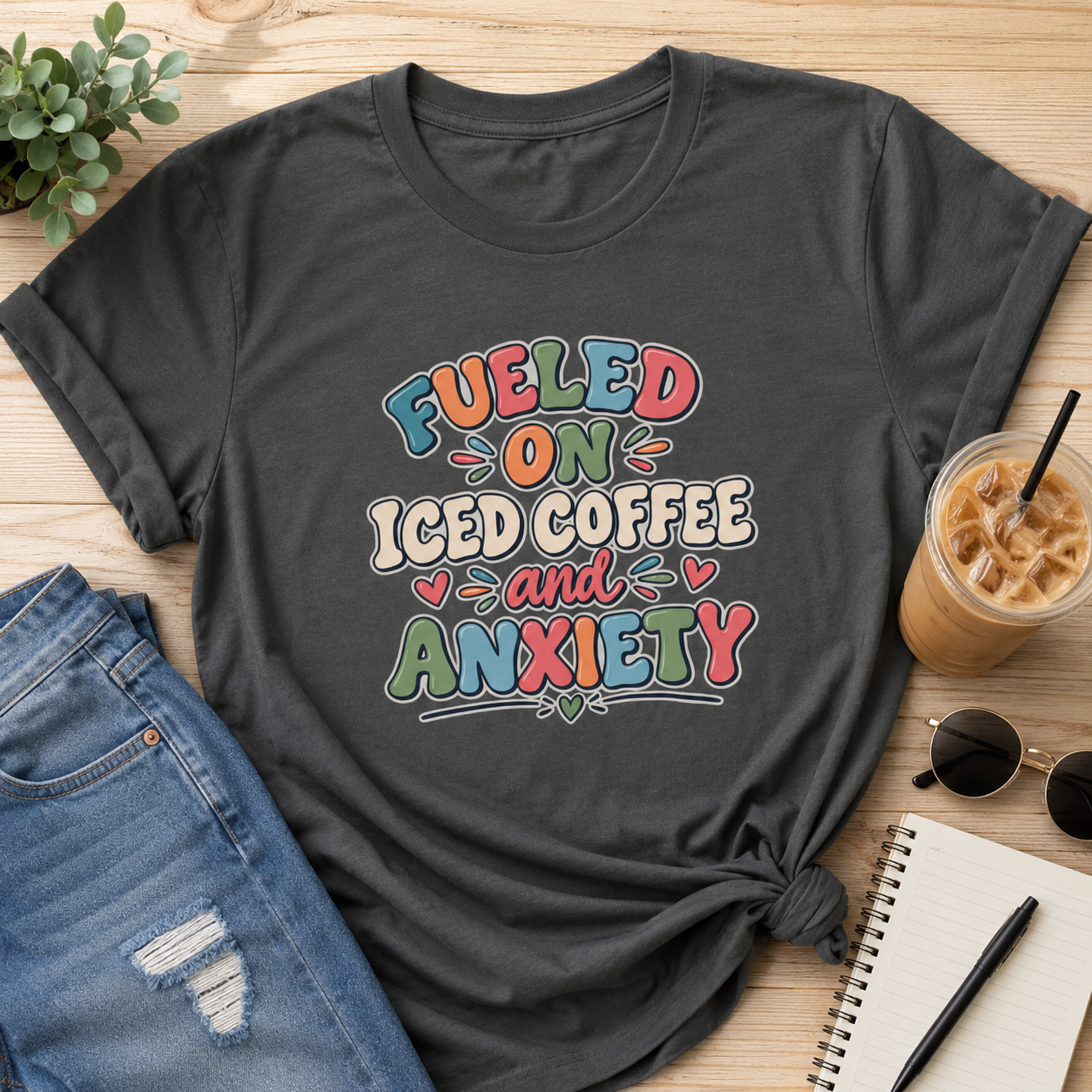 Fueled On Iced Coffee And Anxiety Boxy Tee, Women's Cute Retro Lettering Shirt, Funny Mental Health T-Shirt, Trendy Coffee Lover Gift