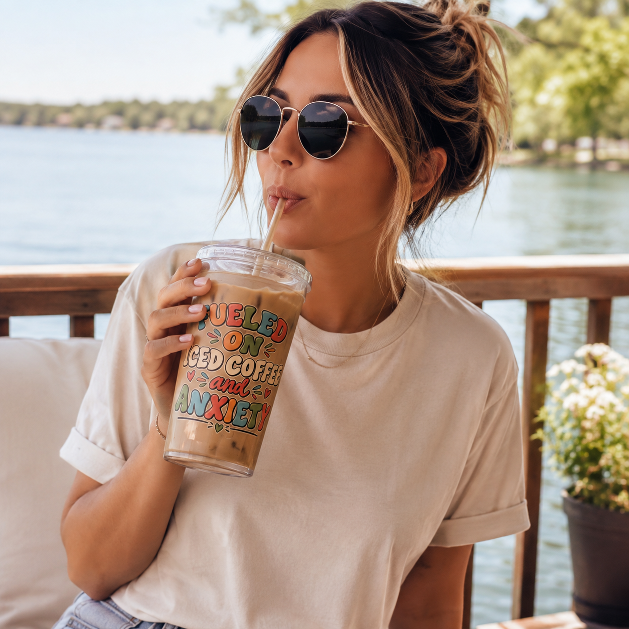 Fueled On Iced Coffee Anxiety Cup, Funny Mental Health Iced Coffee Cup, Anxiety Humor Tumbler, Coffee Lover Gift, Retro Bubble Letters