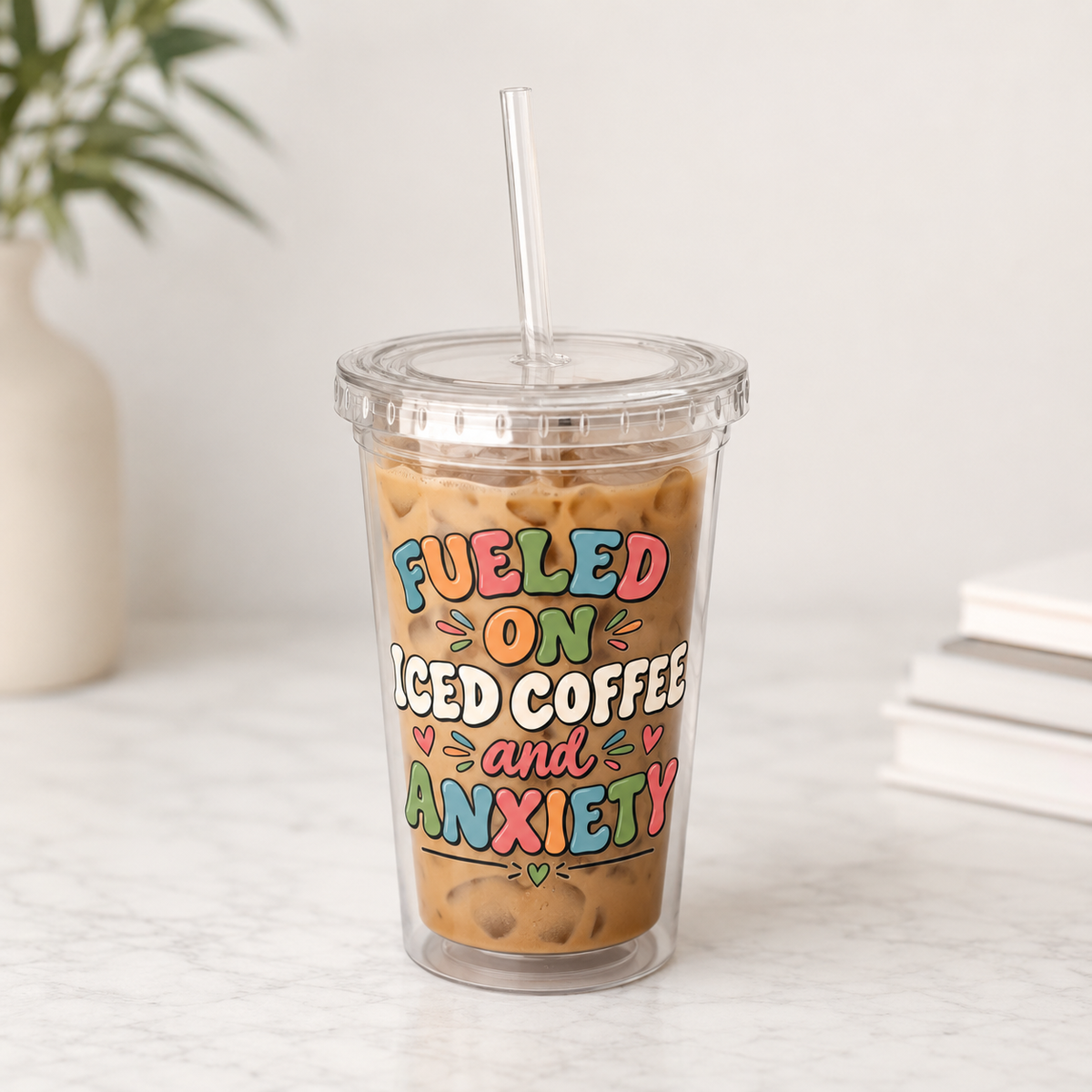 Fueled On Iced Coffee Anxiety Cup, Funny Mental Health Iced Coffee Cup, Anxiety Humor Tumbler, Coffee Lover Gift, Retro Bubble Letters