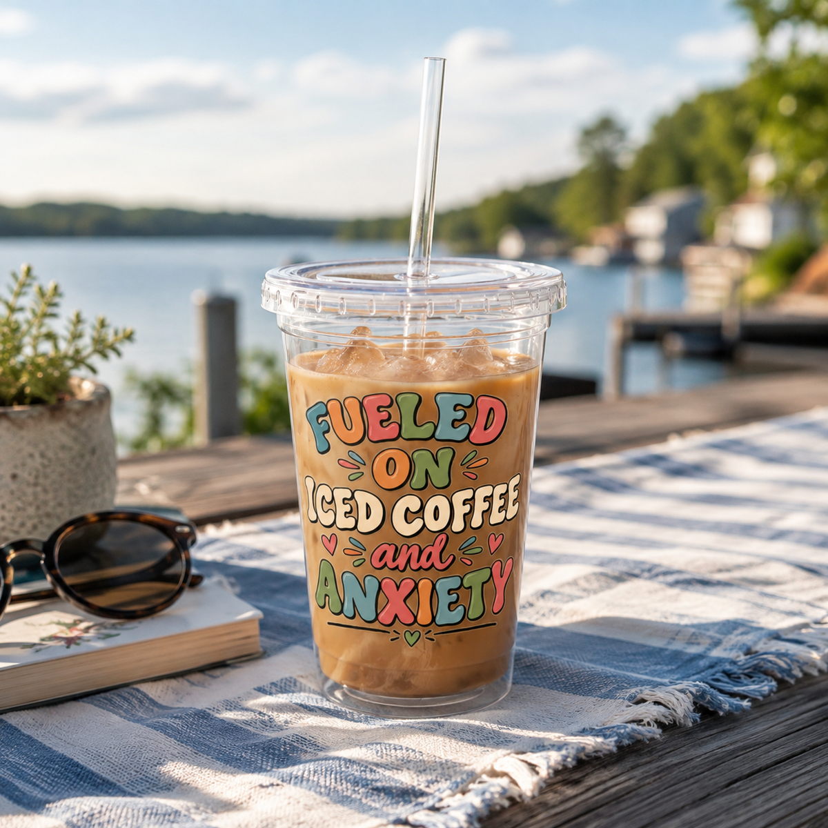 Fueled On Iced Coffee Anxiety Cup, Funny Mental Health Iced Coffee Cup, Anxiety Humor Tumbler, Coffee Lover Gift, Retro Bubble Letters