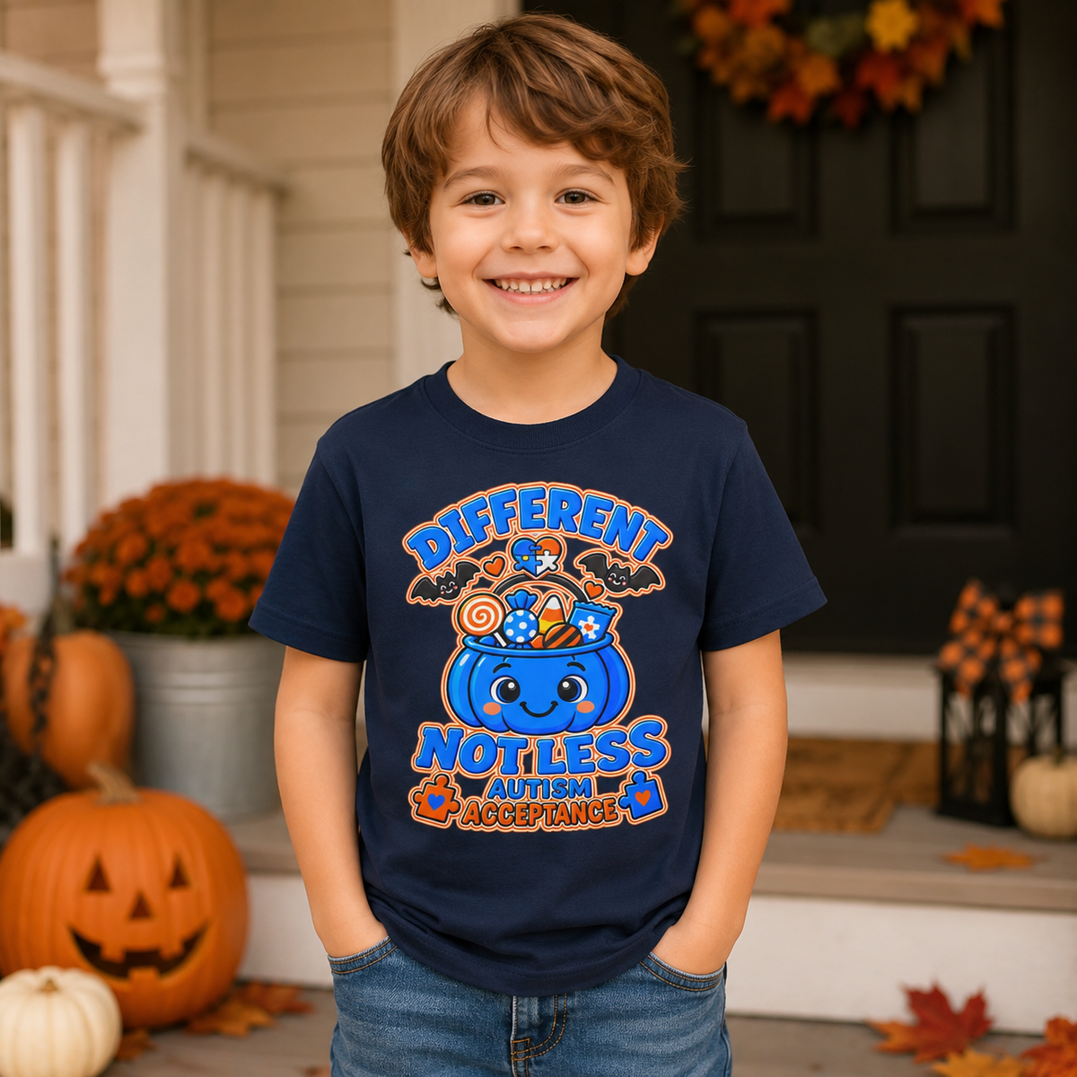 Different Not Less Halloween Shirt, Autism Acceptance Pumpkin Tee, Kids Halloween Autism Awareness T-Shirt, Trick or Treat Bucket Gift