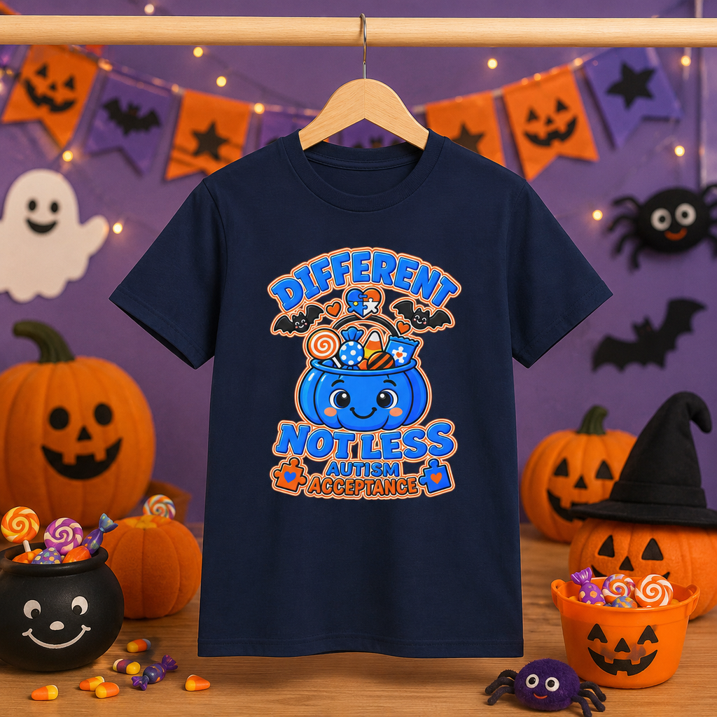 Different Not Less Halloween Shirt, Autism Acceptance Pumpkin Tee, Kids Halloween Autism Awareness T-Shirt, Trick or Treat Bucket Gift