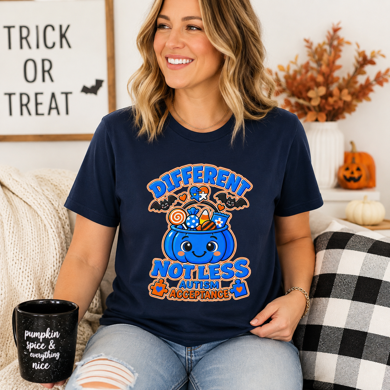 Different Not Less Halloween Shirt, Autism Acceptance Pumpkin Tee, Halloween Autism Awareness T-Shirt, Trick or Treat Bucket Gift