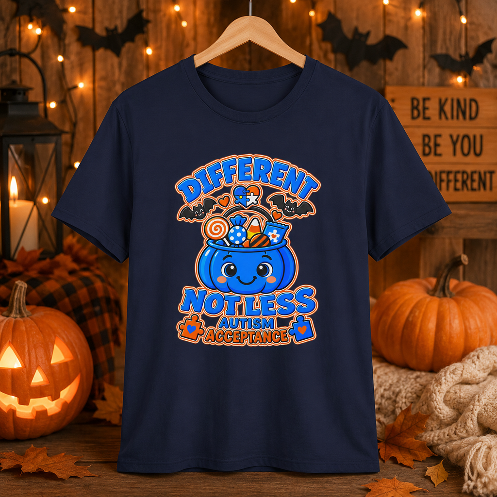 Different Not Less Halloween Shirt, Autism Acceptance Pumpkin Tee, Halloween Autism Awareness T-Shirt, Trick or Treat Bucket Gift