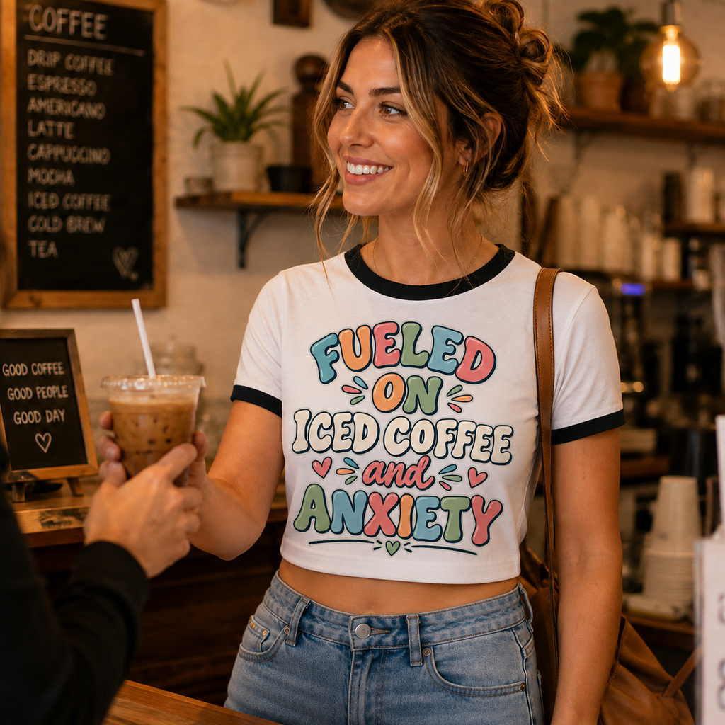 Fueled On Iced Coffee Anxiety Shirt, Funny Mental Health Crop Top, Anxiety Humor Tee, Coffee Lover Gift, Retro Bubble Letter Shirt