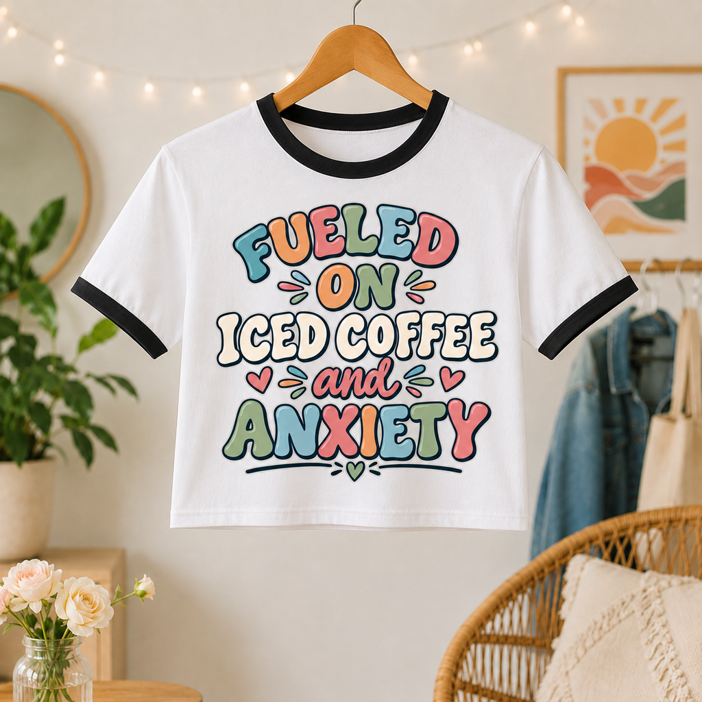 Fueled On Iced Coffee Anxiety Shirt, Funny Mental Health Crop Top, Anxiety Humor Tee, Coffee Lover Gift, Retro Bubble Letter Shirt