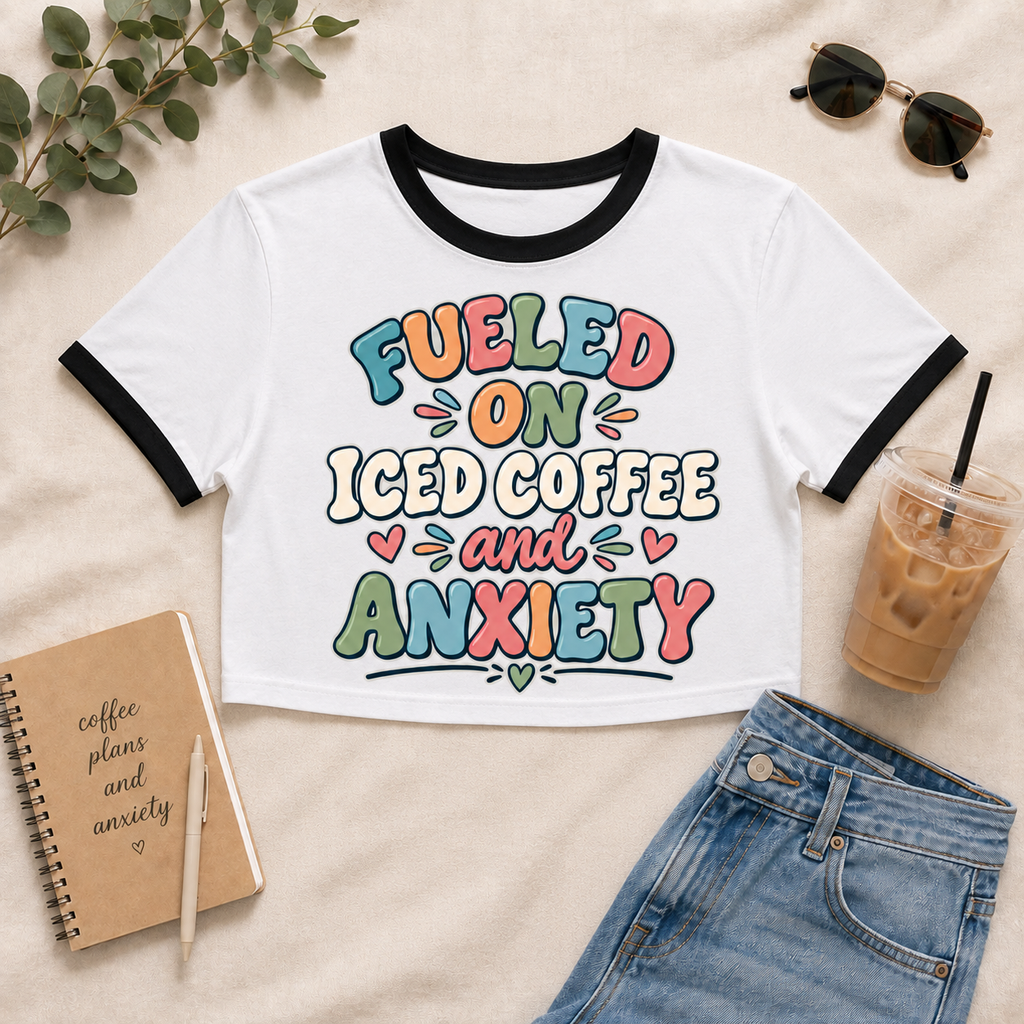 Fueled On Iced Coffee Anxiety Shirt, Funny Mental Health Crop Top, Anxiety Humor Tee, Coffee Lover Gift, Retro Bubble Letter Shirt