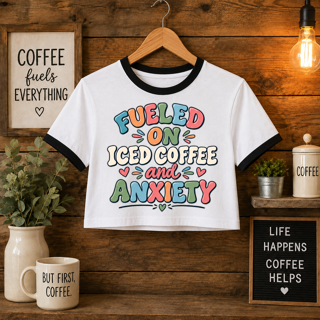 Fueled On Iced Coffee Anxiety Shirt, Funny Mental Health Crop Top, Anxiety Humor Tee, Coffee Lover Gift, Retro Bubble Letter Shirt