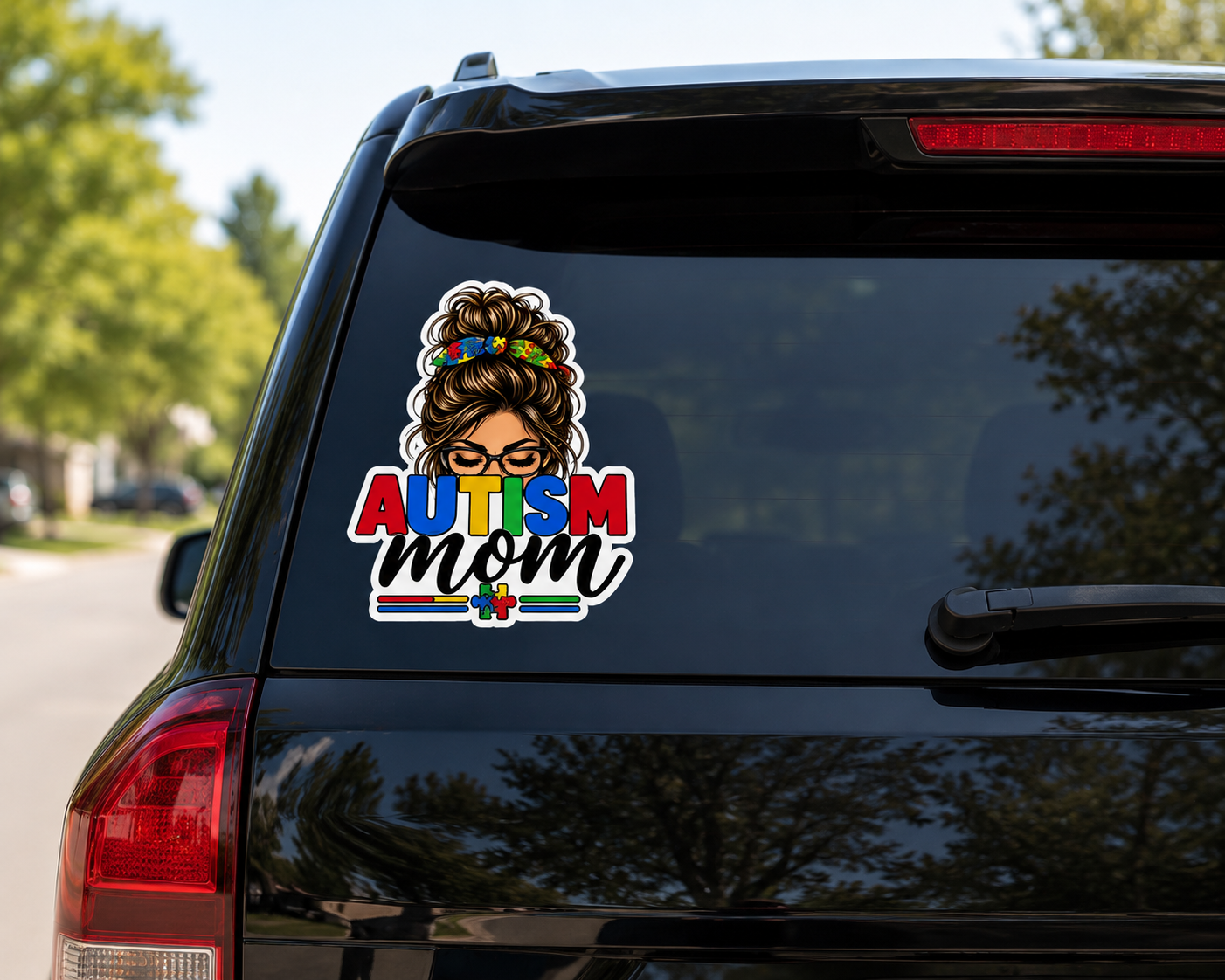 Autism Mom Die-Cut Sticker | Mom with Messy Bun, Puzzle Piece Awareness