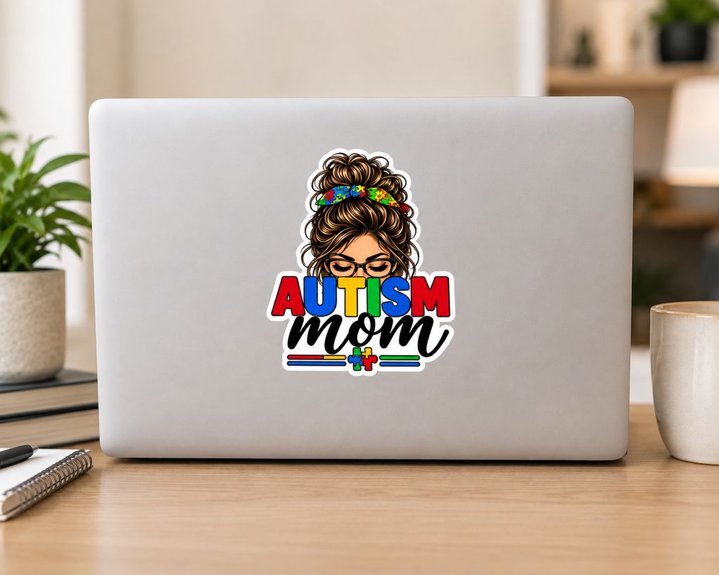Autism Mom Die-Cut Sticker | Mom with Messy Bun, Puzzle Piece Awareness