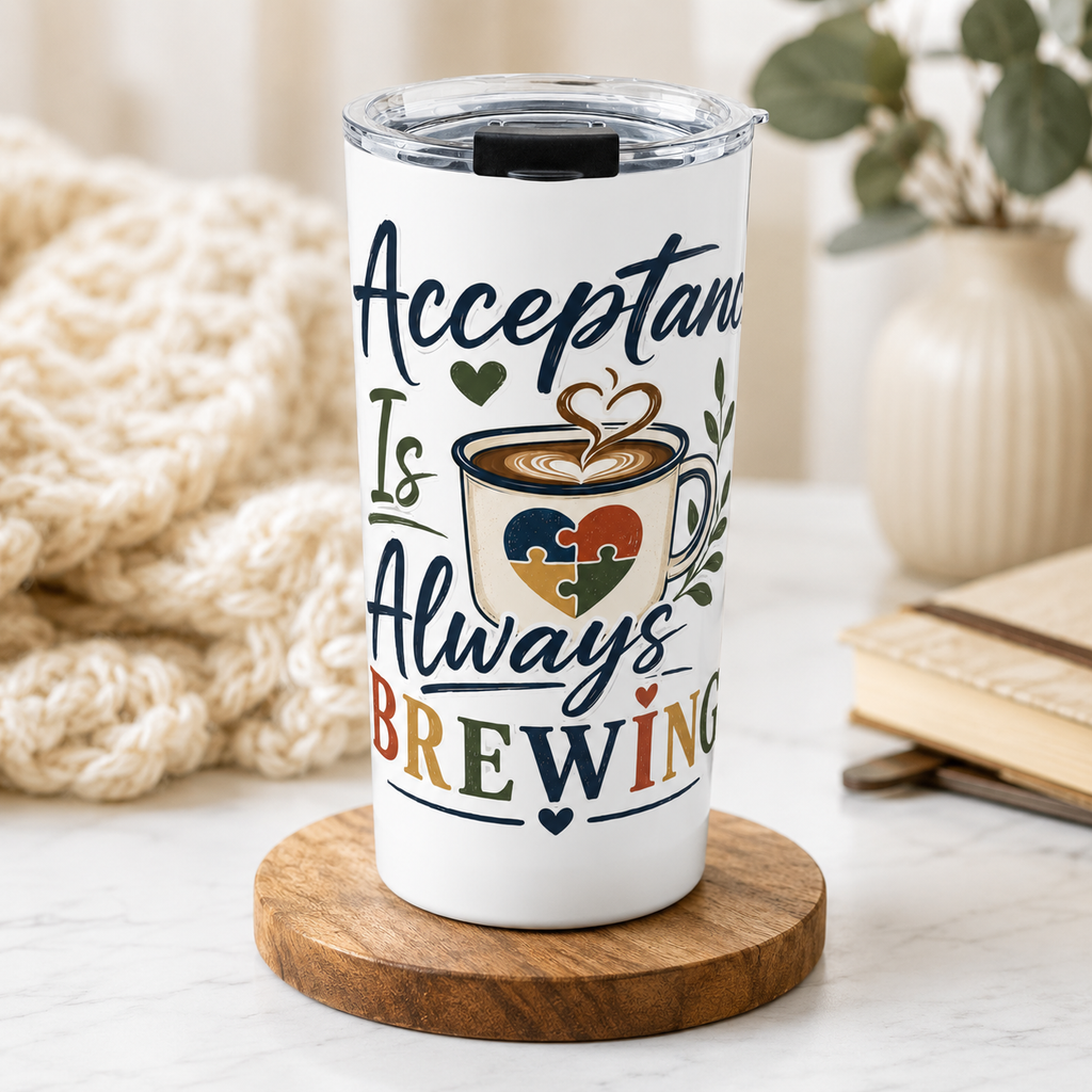 Acceptance Is Always Brewing 20oz Tumbler | Autism Acceptance Travel Mug | Puzzle Heart Coffee Cup | Insulated Stainless Steel Tumbler