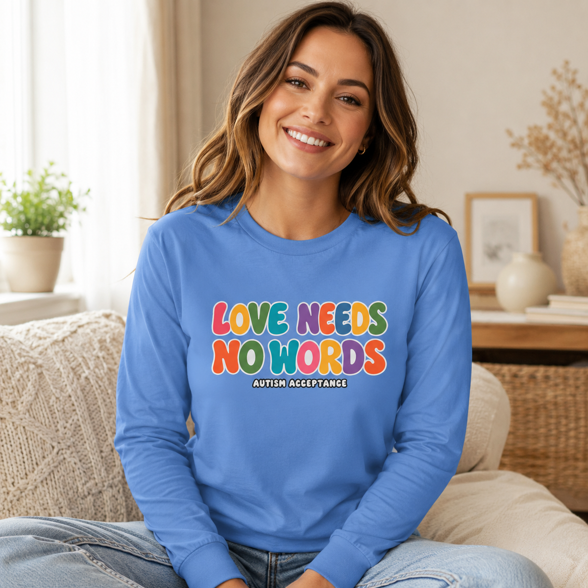 Love Needs No Words Long Sleeve Tee, Autism Acceptance Colorful Shirt, Nonverbal Autism Positive Message T-Shirt, Autism Awareness Gift
