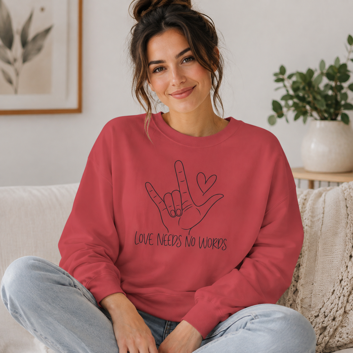 ASL Love Hand Sign Sweatshirt, Love Needs No Words Minimalist Line Art Hoodie, Autism Acceptance Sign Language Shirt, Nonverbal Gift