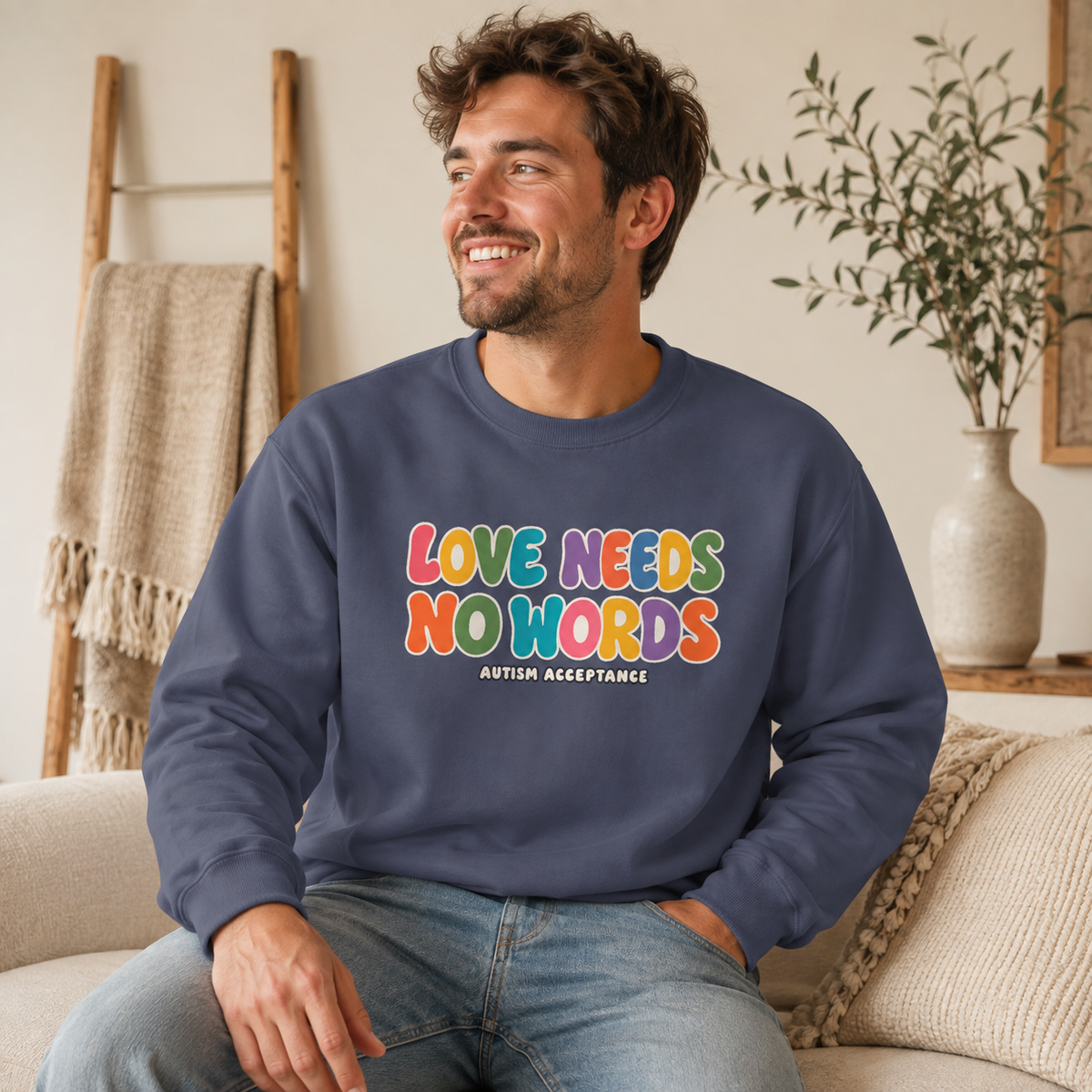 Love Needs No Words Sweatshirt, Rainbow Bubble Letter Crewneck, Autism Acceptance Hoodie, Nonverbal Autism Colorful Sweatshirt Gift