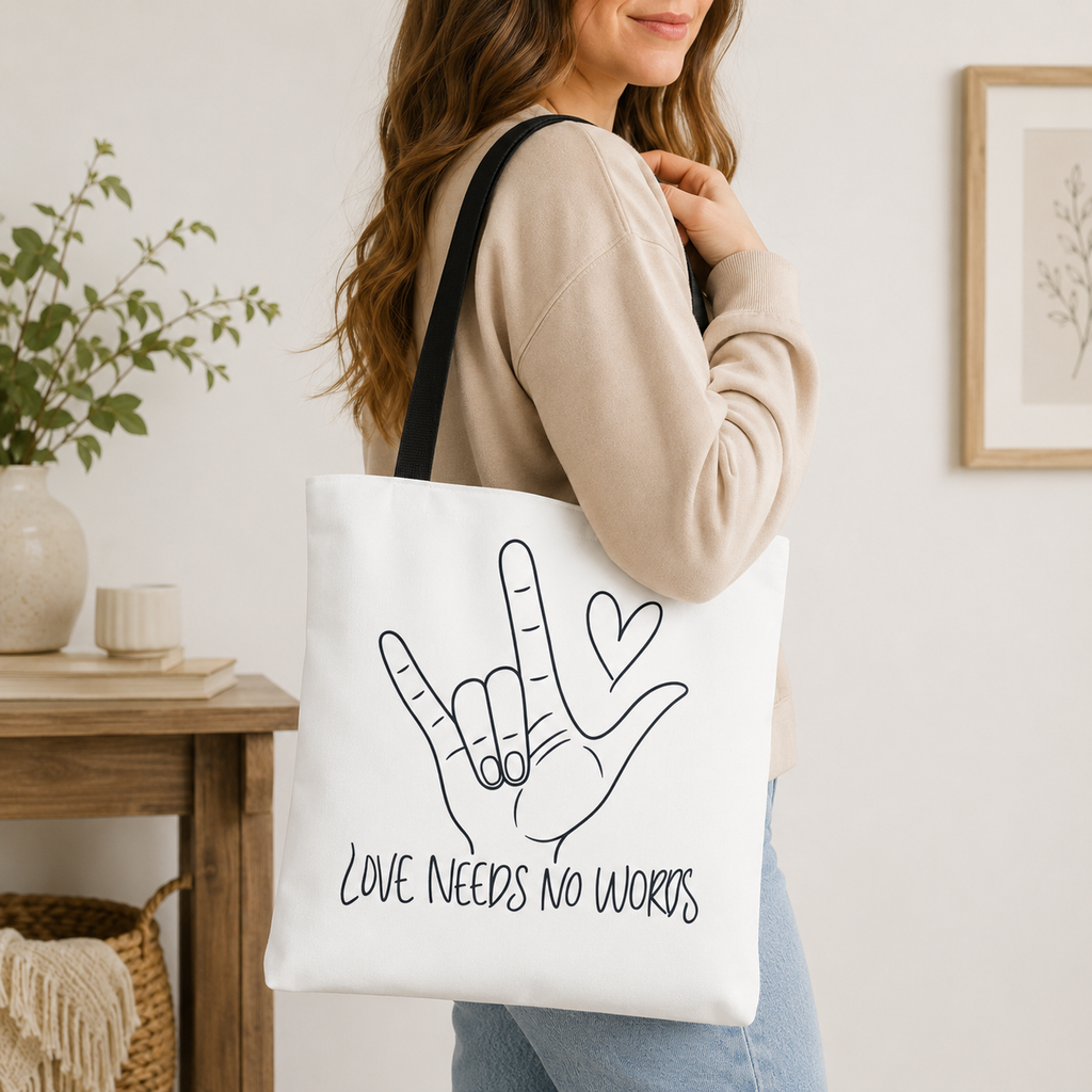Love Needs No Words Tote Bag, ASL I Love You Hand Illustration Canvas Bag, Autism Acceptance Tote, Sign Language Nonverbal Gift