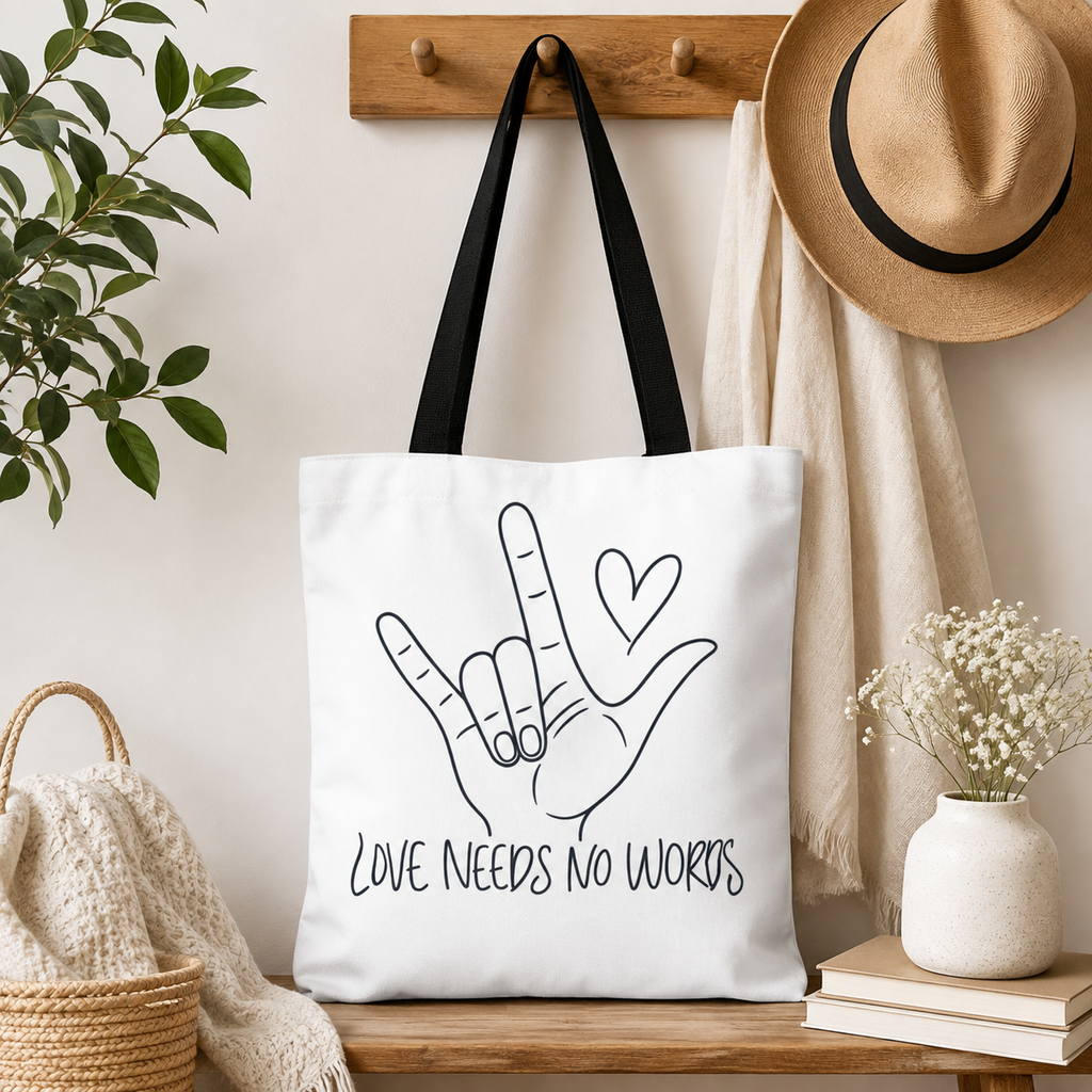 Love Needs No Words Tote Bag, ASL I Love You Hand Illustration Canvas Bag, Autism Acceptance Tote, Sign Language Nonverbal Gift