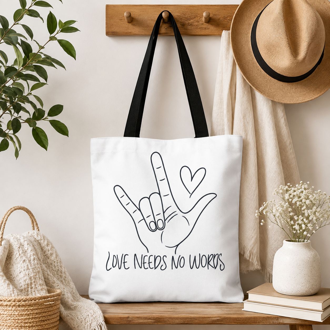 Love Needs No Words Tote Bag, ASL I Love You Hand Illustration Canvas Bag, Autism Acceptance Tote, Sign Language Nonverbal Gift