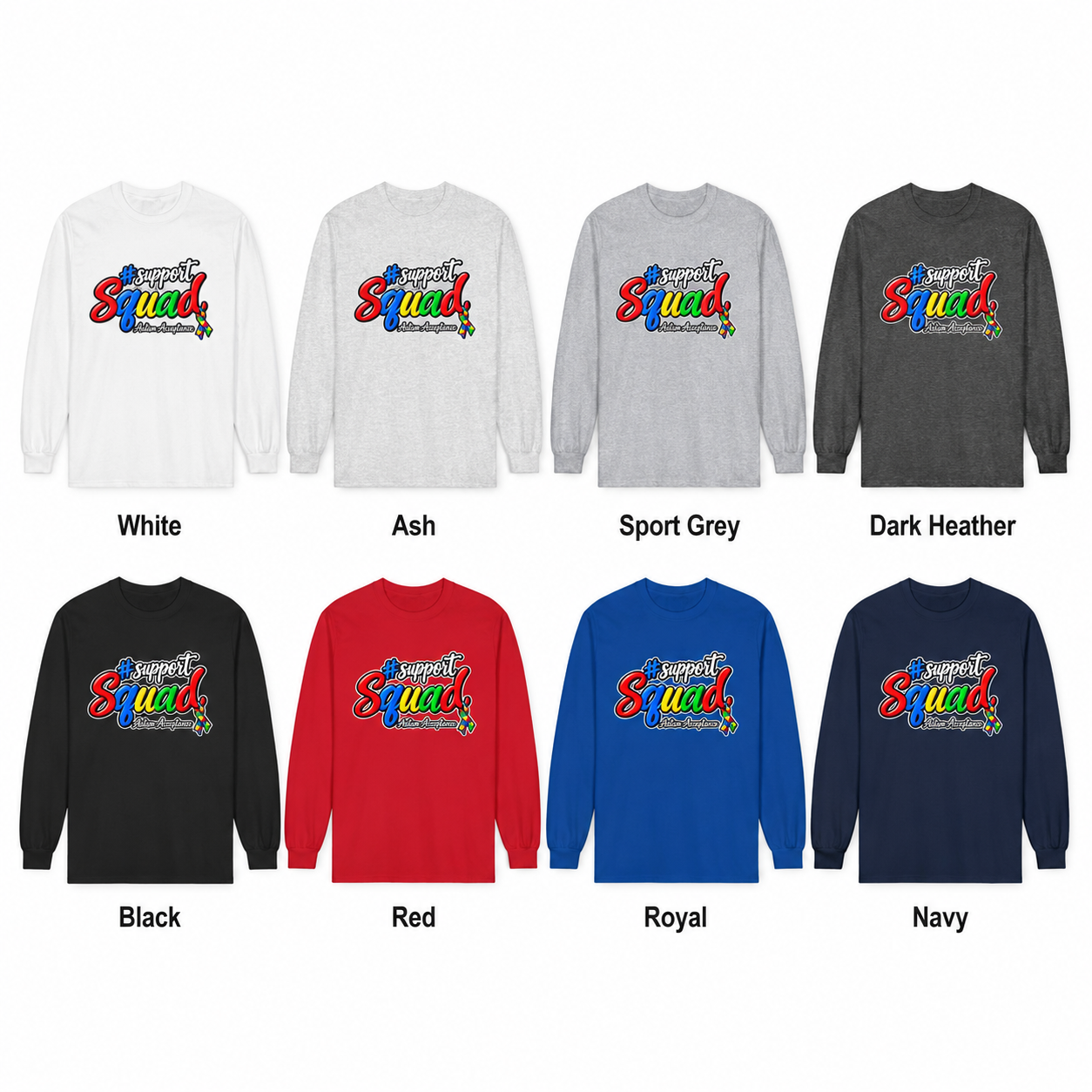 Support Squad Long Sleeve Tee, Colorful Autism Awareness Shirt, Autism Acceptance T-Shirt, Matching Family Squad Gift
