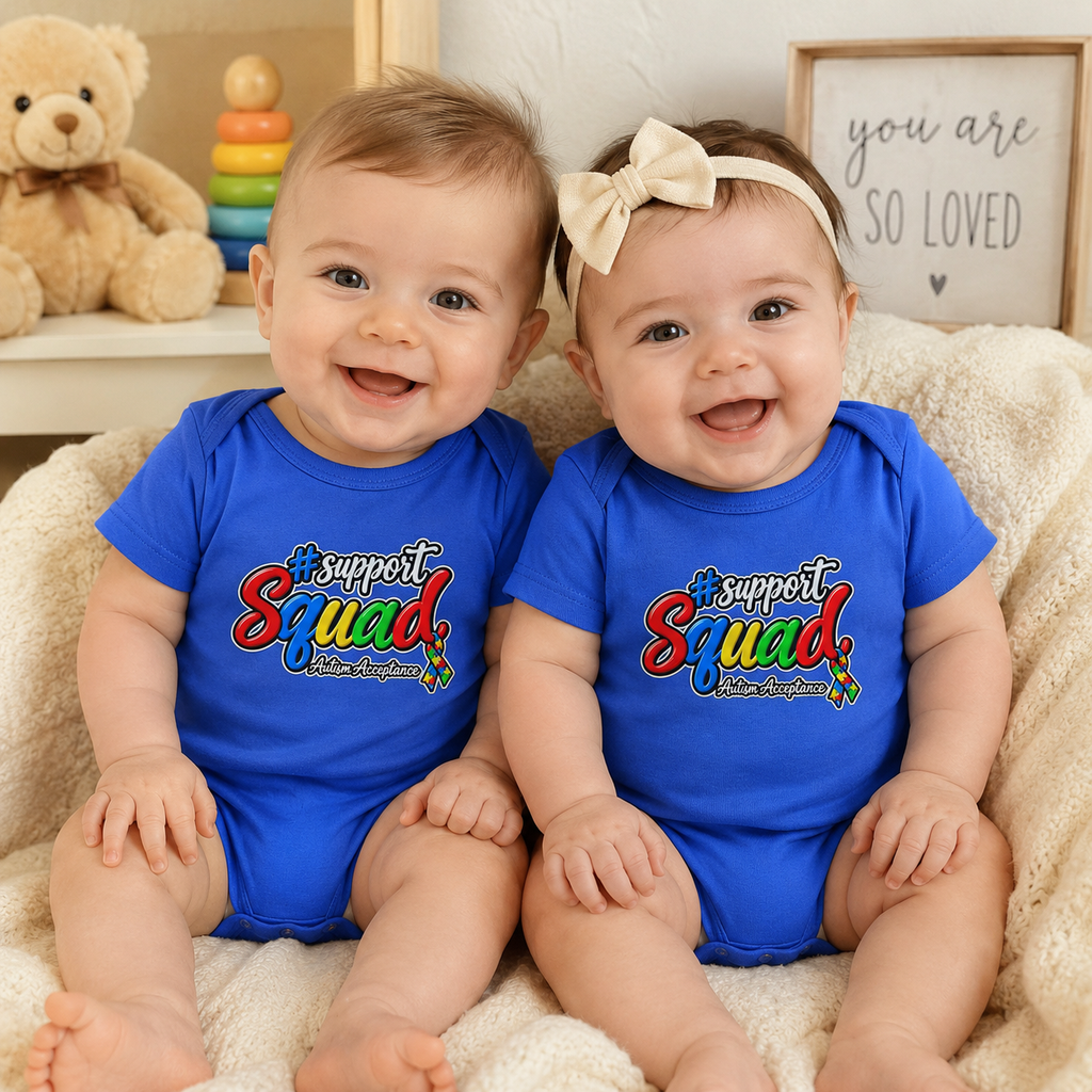 Support Squad Infant Bodysuit, Colorful Comic Text Baby Onesie, Autism Awareness Matching Family Baby Gift