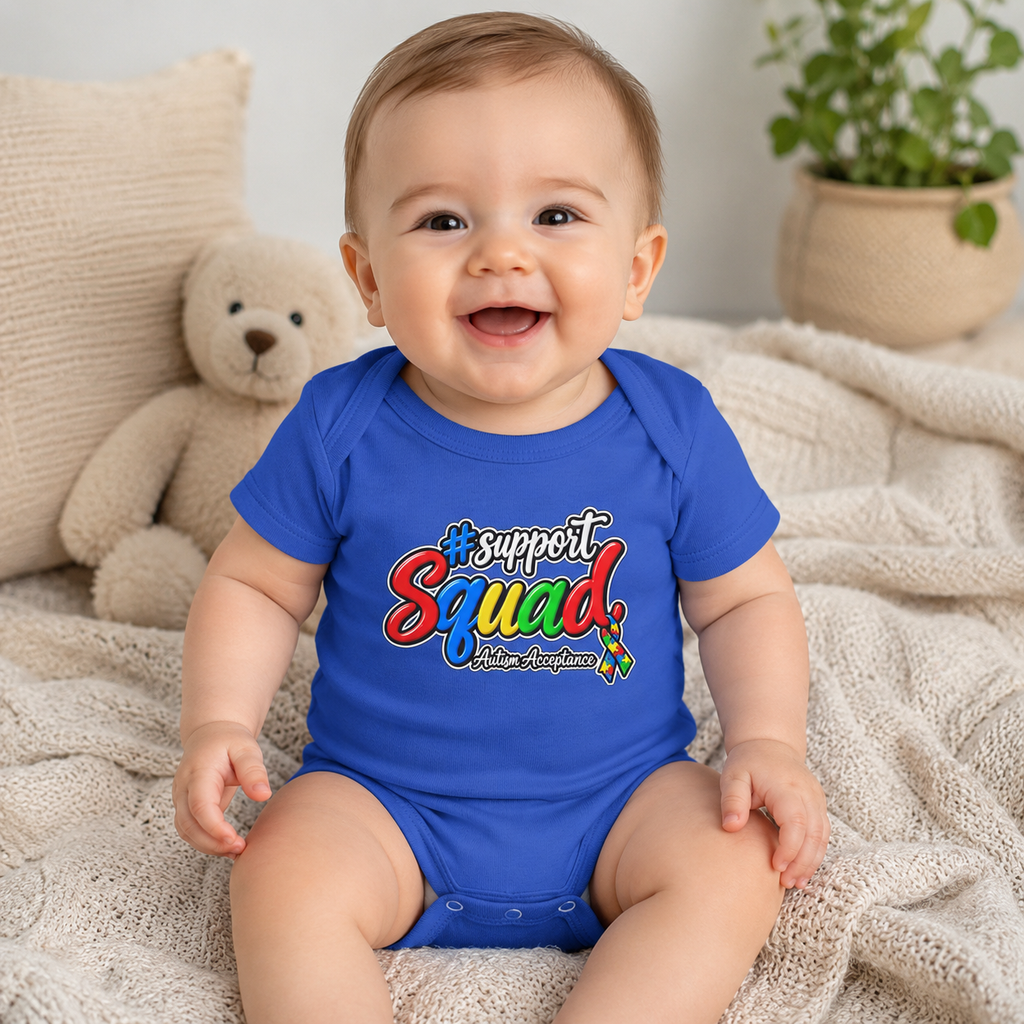 Support Squad Infant Bodysuit, Colorful Comic Text Baby Onesie, Autism Awareness Matching Family Baby Gift