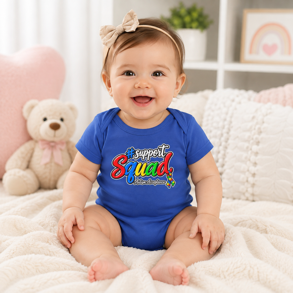 Support Squad Infant Bodysuit, Colorful Comic Text Baby Onesie, Autism Awareness Matching Family Baby Gift