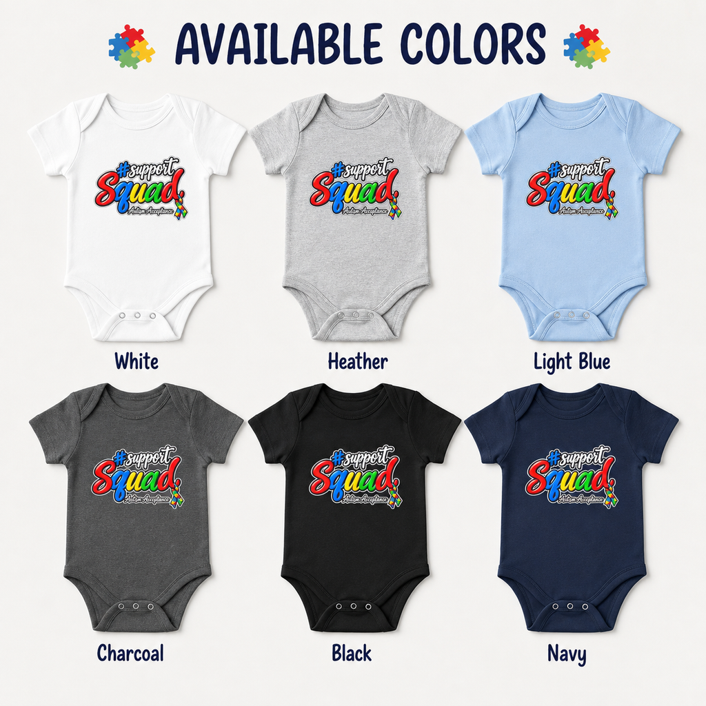 Support Squad Infant Bodysuit, Colorful Comic Text Baby Onesie, Autism Awareness Matching Family Baby Gift