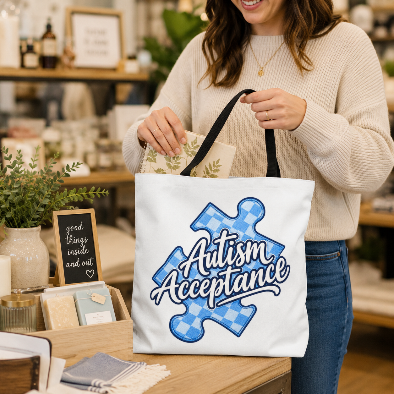 Autism Acceptance Puzzle Piece Tote Bag, Awareness Support Canvas Bag, Autism Advocate Gift, Neurodiversity Family Apparel