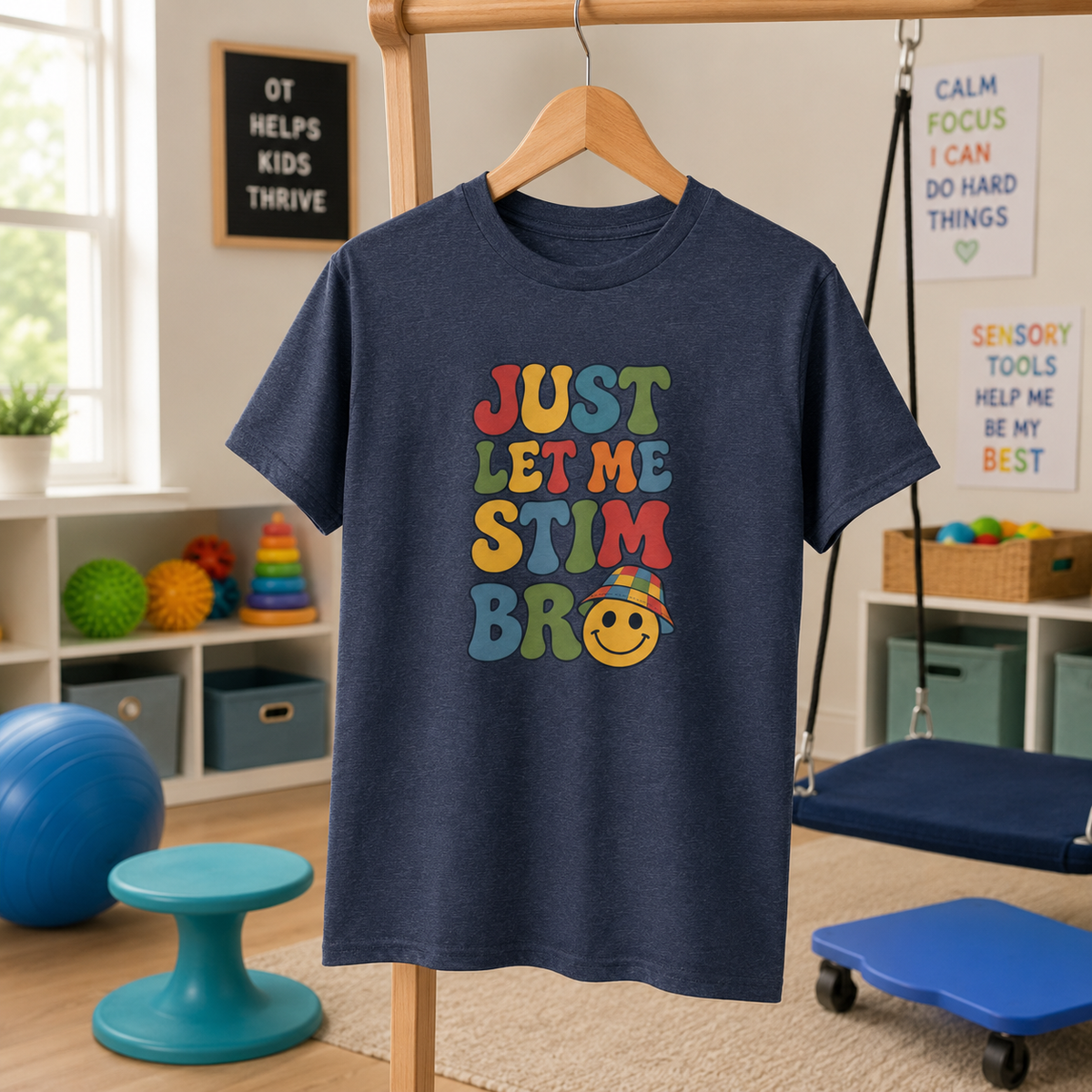 Just Let Me Stim Bro Kids Tee, Retro Bubble Letters Smiley Face Shirt, Autism ADHD Neurodivergent Kids T-Shirt, Funny Sensory Gift