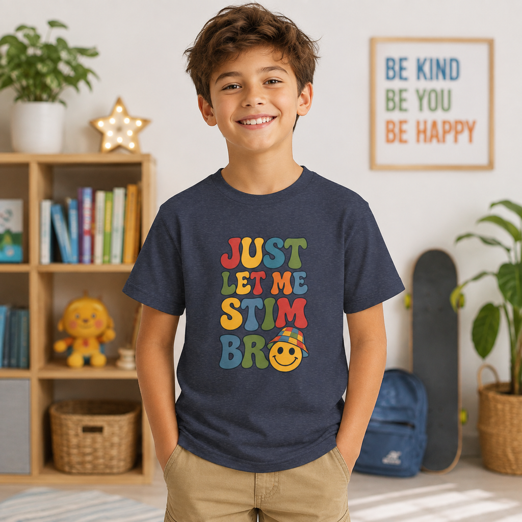 Just Let Me Stim Bro Kids Tee, Retro Bubble Letters Smiley Face Shirt, Autism ADHD Neurodivergent Kids T-Shirt, Funny Sensory Gift