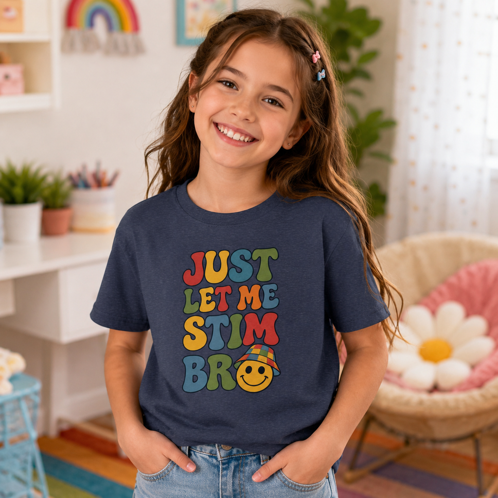 Just Let Me Stim Bro Kids Tee, Retro Bubble Letters Smiley Face Shirt, Autism ADHD Neurodivergent Kids T-Shirt, Funny Sensory Gift