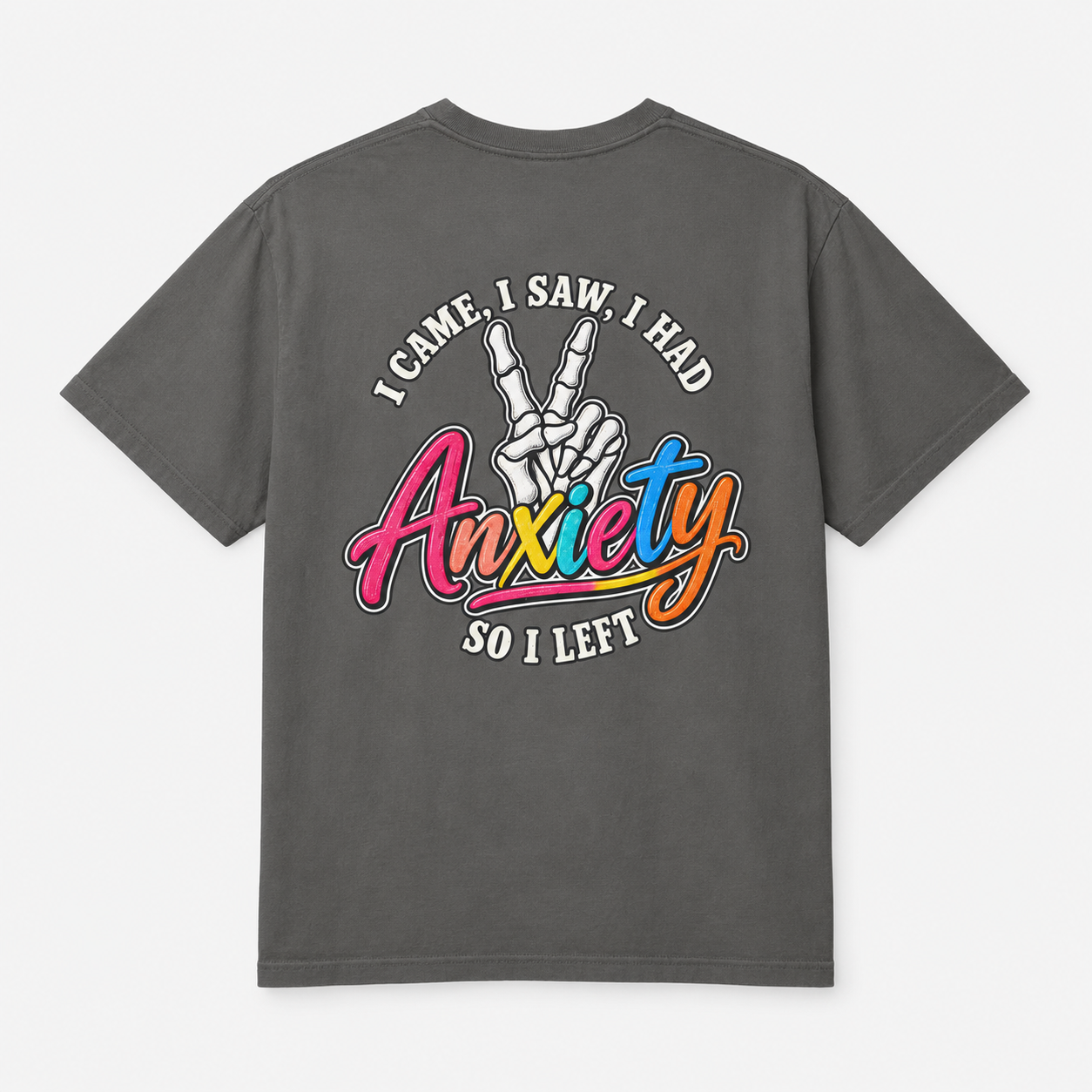 Anxiety Skeleton Peace Sign T-Shirt, I Came I Saw I Fled Retro Script Shirt, Funny Mental Health Tee, Anxiety Humor Gift
