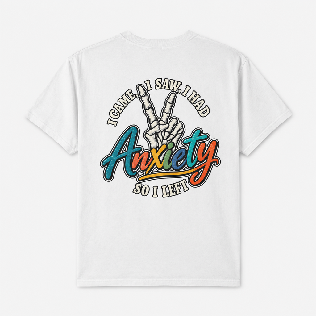 Anxiety Skeleton Peace Sign T-Shirt, I Came I Saw I Fled Retro Script Shirt, Funny Mental Health Tee, Anxiety Humor Gift