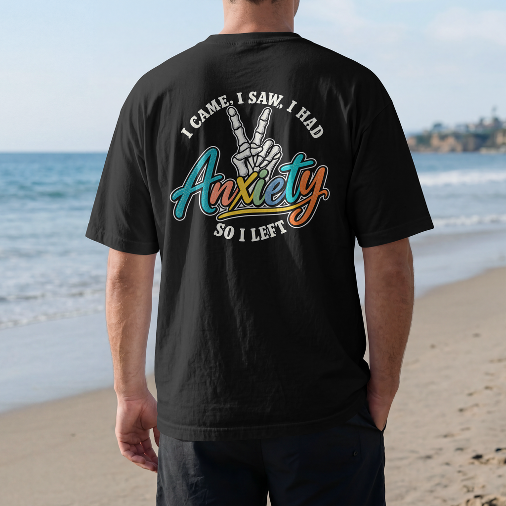 Anxiety Skeleton Peace Sign T-Shirt, I Came I Saw I Fled Retro Script Shirt, Funny Mental Health Tee, Anxiety Humor Gift
