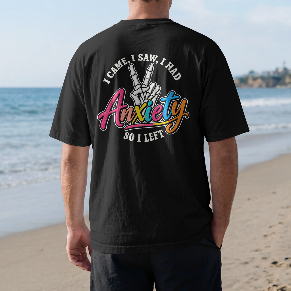 Anxiety Skeleton Peace Sign T-Shirt, I Came I Saw I Fled Retro Script Shirt, Funny Mental Health Tee, Anxiety Humor Gift