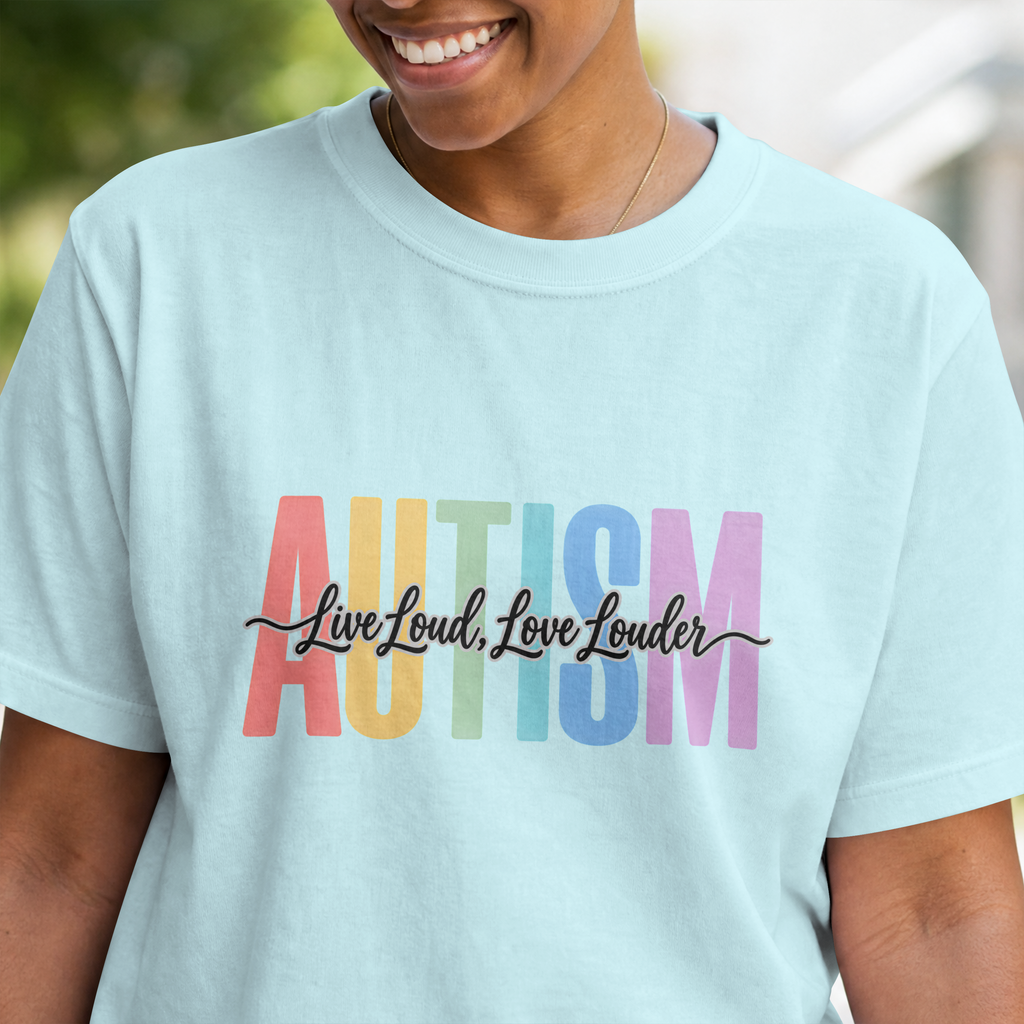 Autism Rainbow Block Text T-Shirt, Live Loud Live Louder Tee, Autism Awareness Colorful Shirt, Autism Acceptance Gift