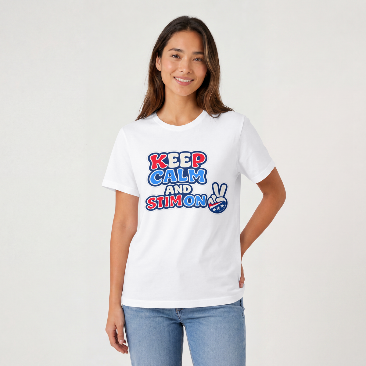 Keep Calm and Stim On Shirt Autism Awareness T Shirt Retro Peace Sign Tee Red White Blue Neurodiversity Sensory Support Gift