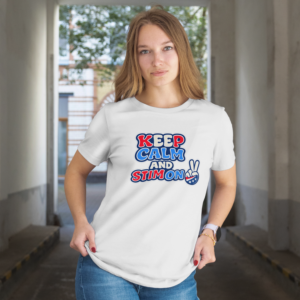 Keep Calm and Stim On Shirt Autism Awareness T Shirt Retro Peace Sign Tee Red White Blue Neurodiversity Sensory Support Gift