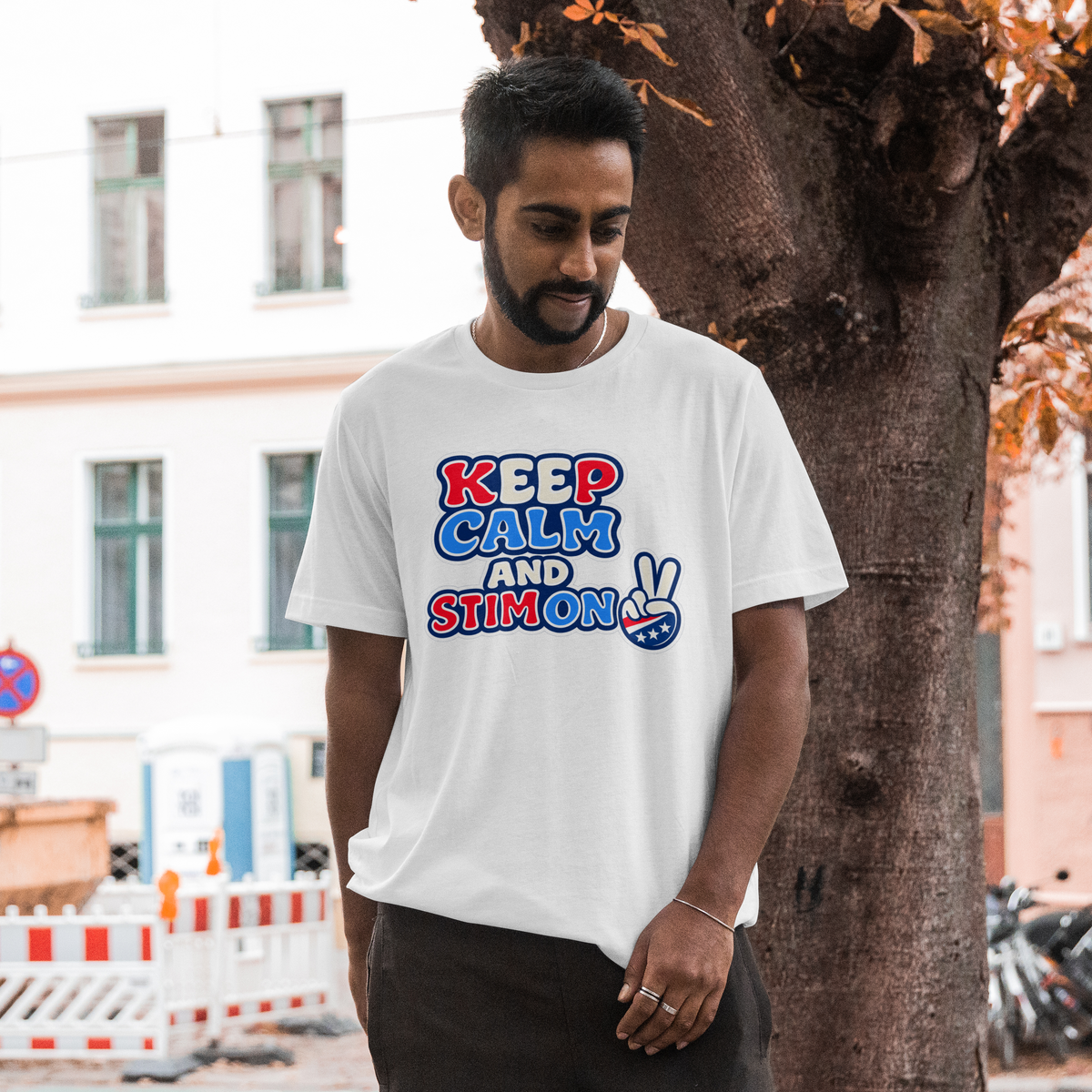 Keep Calm and Stim On Shirt Autism Awareness T Shirt Retro Peace Sign Tee Red White Blue Neurodiversity Sensory Support Gift