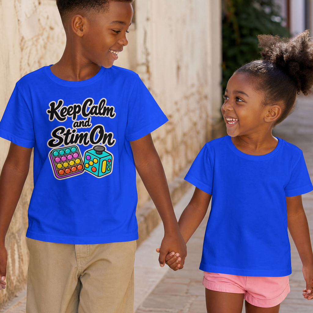 Keep Calm and Stim On Youth Shirt Autism Sensory T Shirt Neurodivergent Kids Tee Fidget Toy Gift Special Needs Awareness