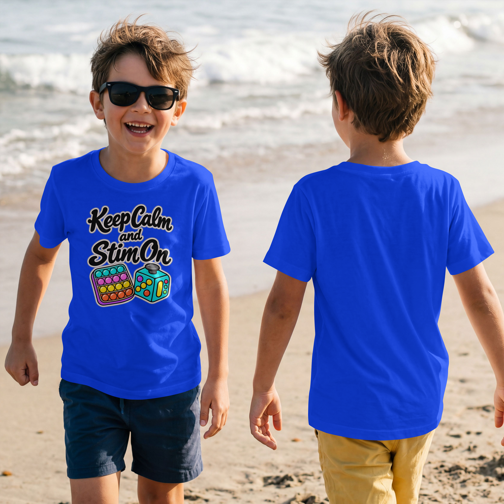 Keep Calm and Stim On Youth Shirt Autism Sensory T Shirt Neurodivergent Kids Tee Fidget Toy Gift Special Needs Awareness