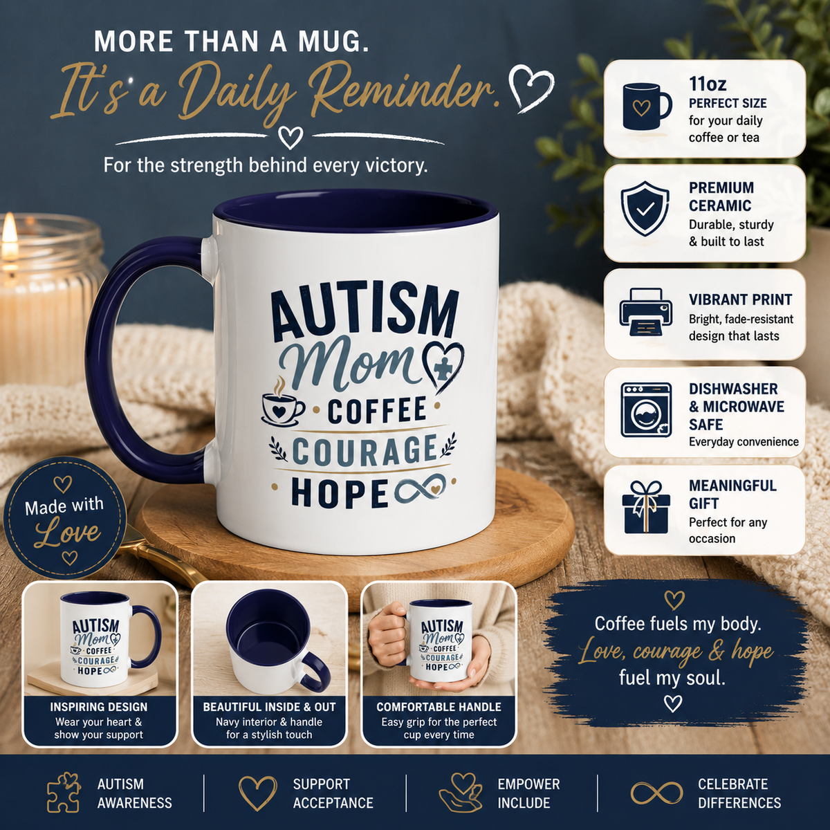 Autism Mom Coffee Mug | Accent Ceramic Mug 11oz  15oz | Puzzle Heart Infinity Design | Autism Awareness  Acceptance Gift | Special Needs