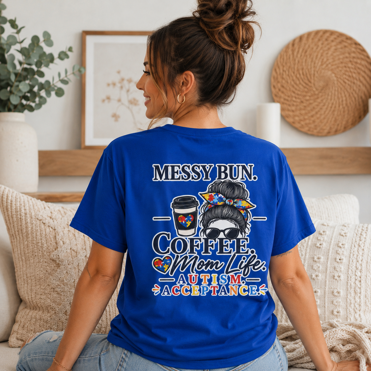 Messy Bun Coffee Mom Life Autism Acceptance Shirt | Autism Mom T-Shirt | Neurodiversity Support Tee | Special Needs Mom Gift