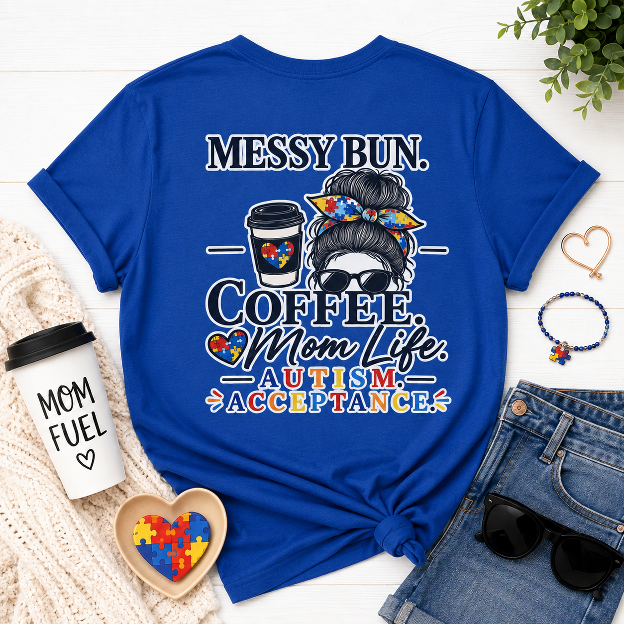 Messy Bun Coffee Mom Life Autism Acceptance Shirt | Autism Mom T-Shirt | Neurodiversity Support Tee | Special Needs Mom Gift