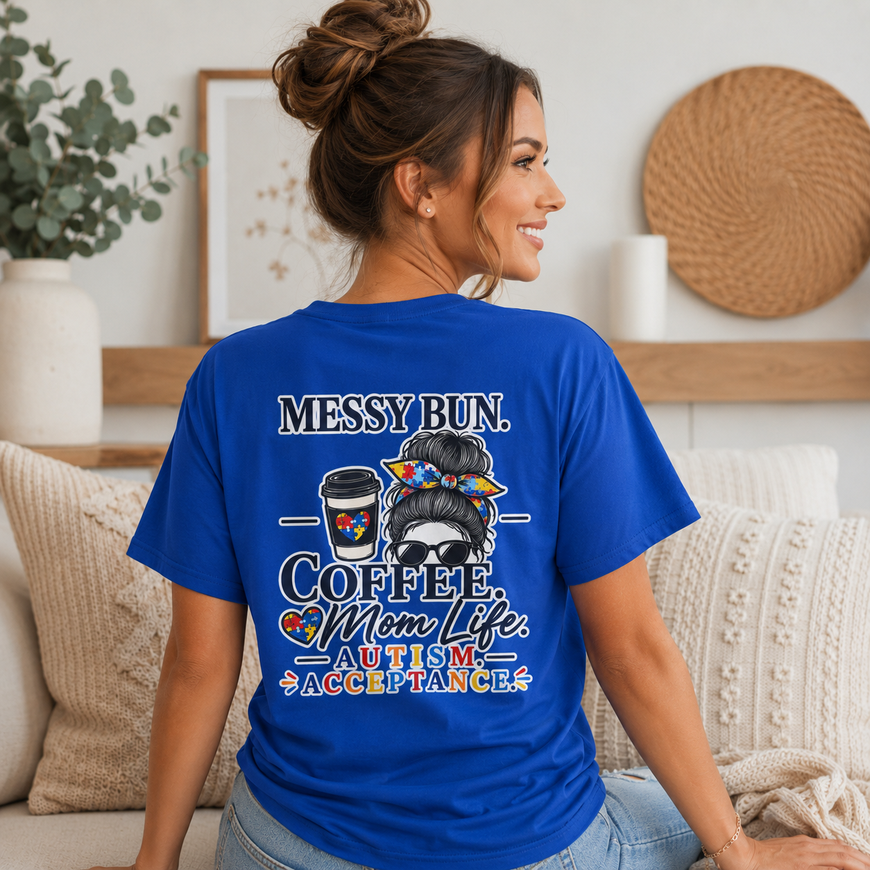 Messy Bun Coffee Mom Life Autism Acceptance Shirt | Autism Mom T-Shirt | Neurodiversity Support Tee | Special Needs Mom Gift