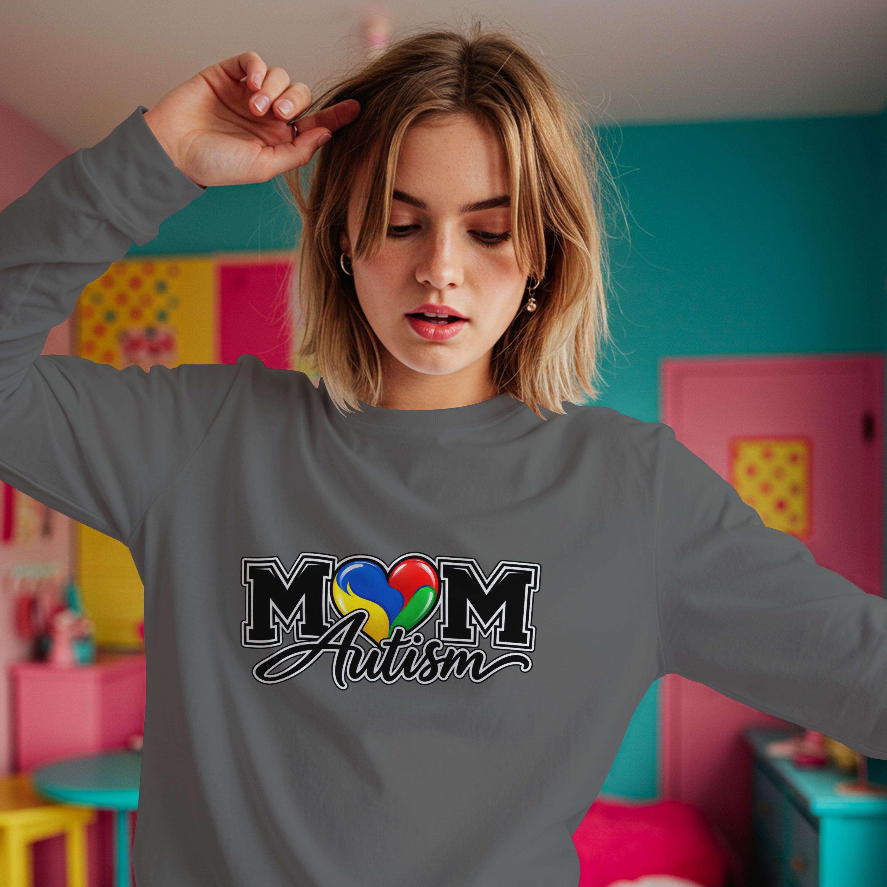 Autism Mom Heart Puzzle Long Sleeve Tee, Rainbow Puzzle Awareness Shirt, Autism Mom Gift, Autism Acceptance Family Apparel