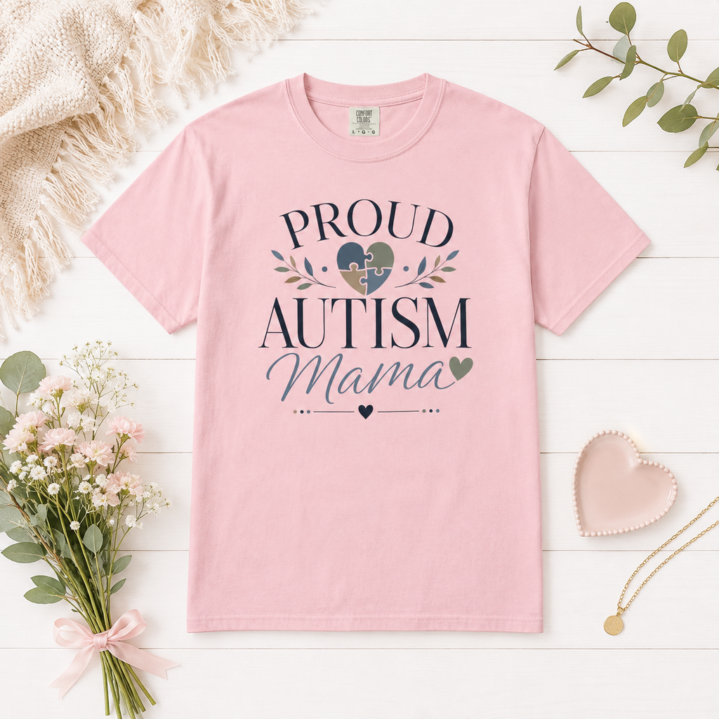 Autism Mama T-Shirt, Proud Autism Mom Shirt with Puzzle Heart Design, Autism Awareness & Acceptance Gift