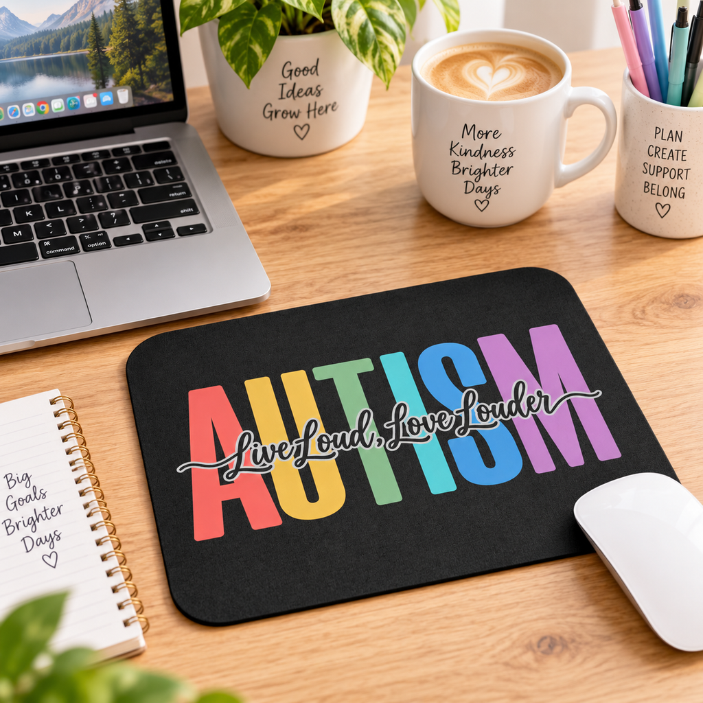 Autism Live Loud Love Louder Mouse Pad | Rainbow Awareness Desk Mat | Autism Acceptance Gift | Neurodiversity Office Decor