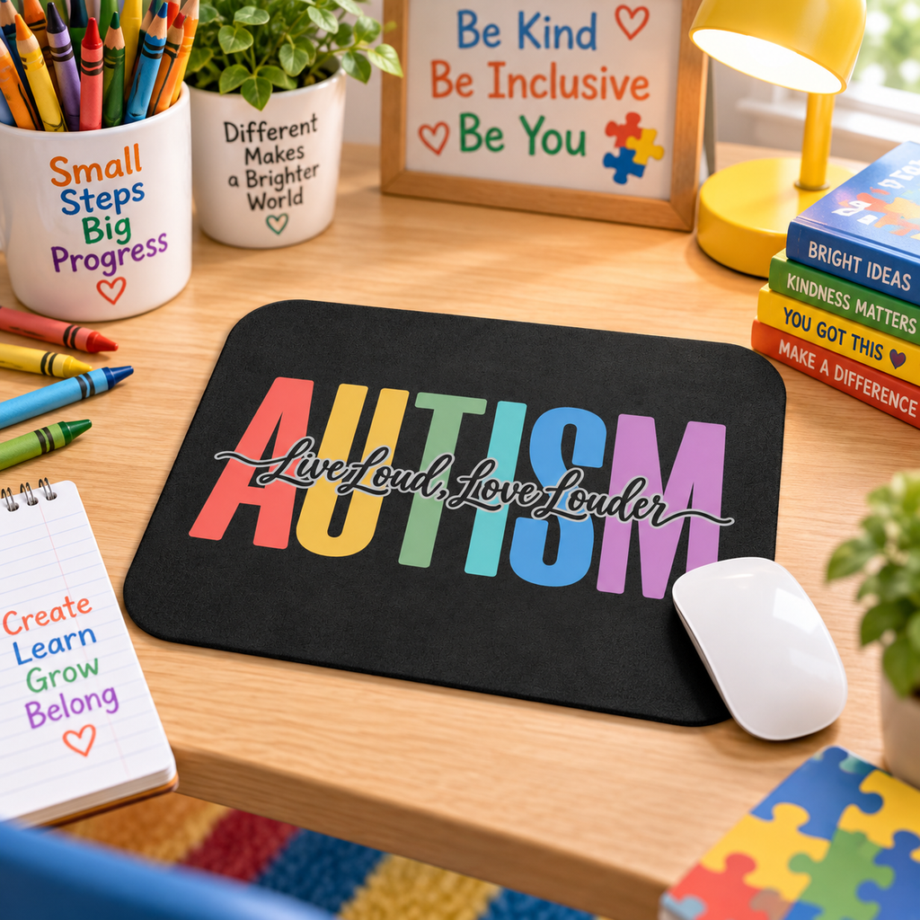Autism Live Loud Love Louder Mouse Pad | Rainbow Awareness Desk Mat | Autism Acceptance Gift | Neurodiversity Office Decor
