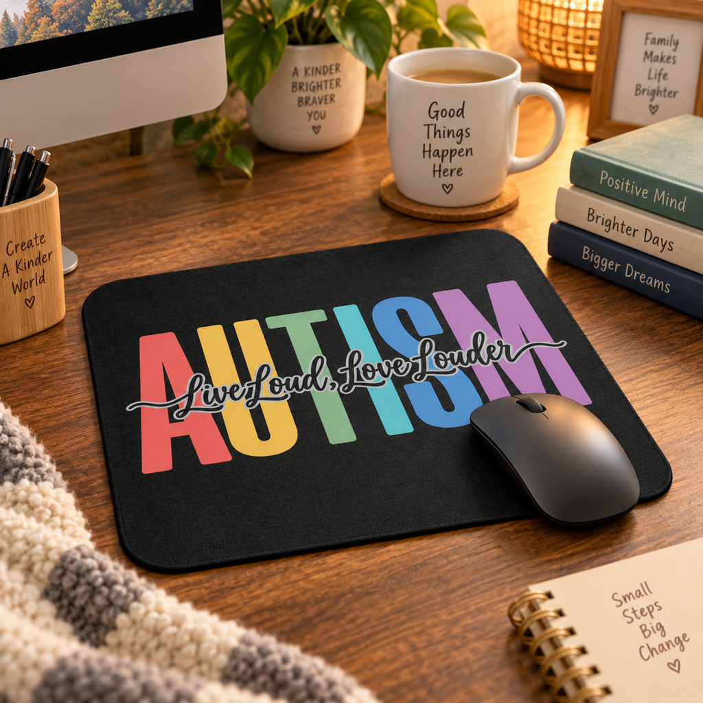 Autism Live Loud Love Louder Mouse Pad | Rainbow Awareness Desk Mat | Autism Acceptance Gift | Neurodiversity Office Decor